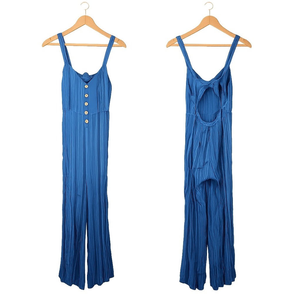 Indigo Rein Striped Jumpsuit Womens Medium Blue Boho Cutout Tie Back Wide Leg